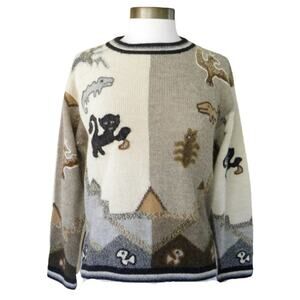 Peruvian Baby Alpaca Primitive Animal Intarsia Sweater Neutral Beige Tan Small